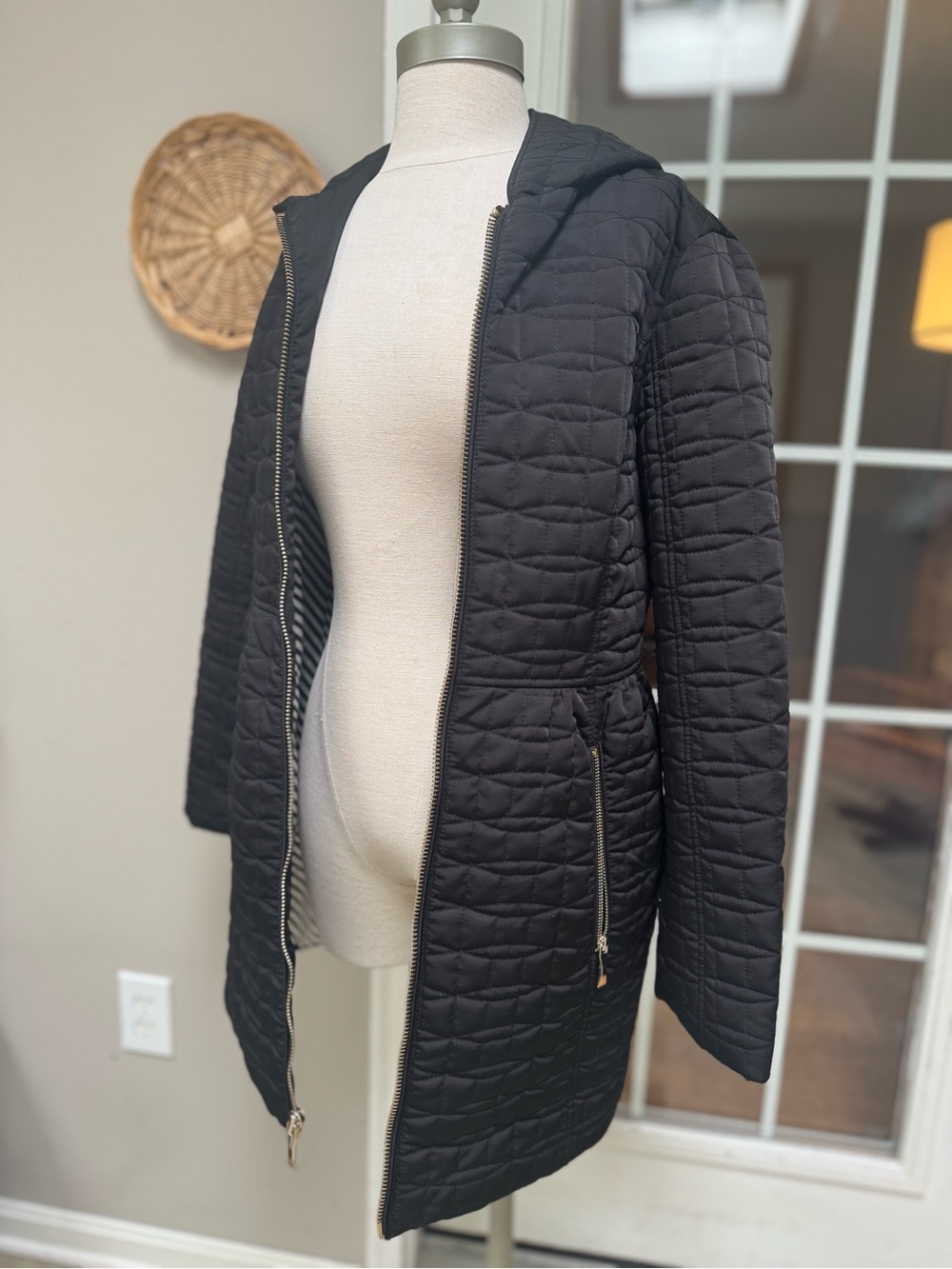Kate Spade Black Quilted Hooded Puffer Coat Striped Lining Small